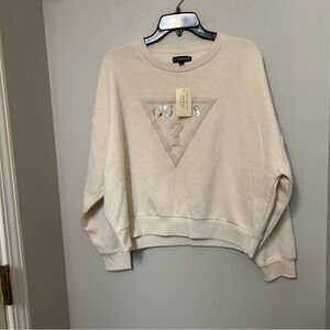 NWT Guess Rhinestone Ponie Fleece Logo Sweatshirt Pink Cream White Cropped M